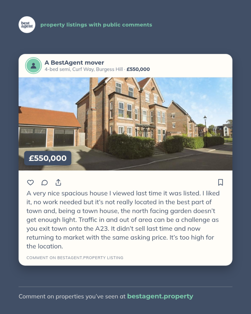 BestAgent public comment card: 4-bed semi, Curf Way, Burgess Hill, £550,000